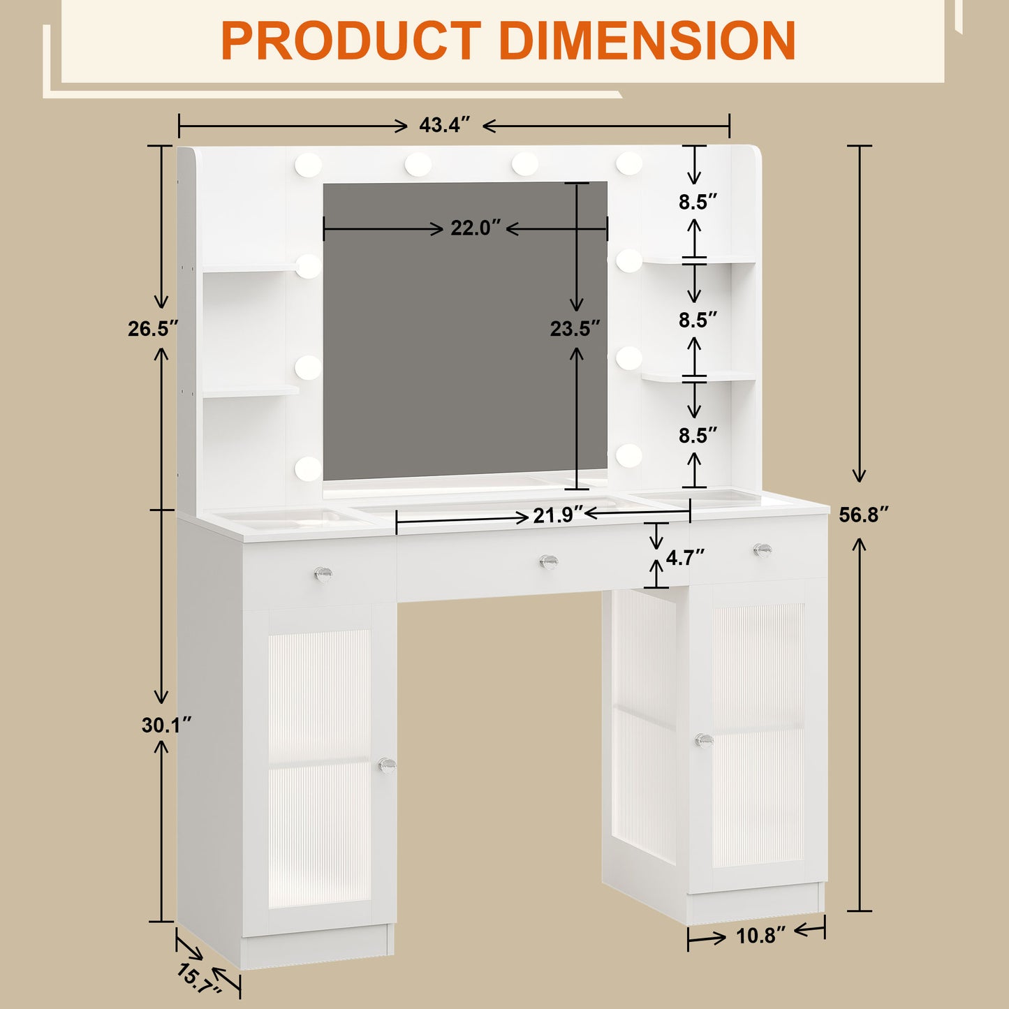 IFSEB Makeup Vanity with Glass Top, White Vanity Desk with Mirror and Lights, Big Vanity with Drawers & Cabinets for Bedroom, Cute Vanity with Crystal Knobs & Power Outlet for Women