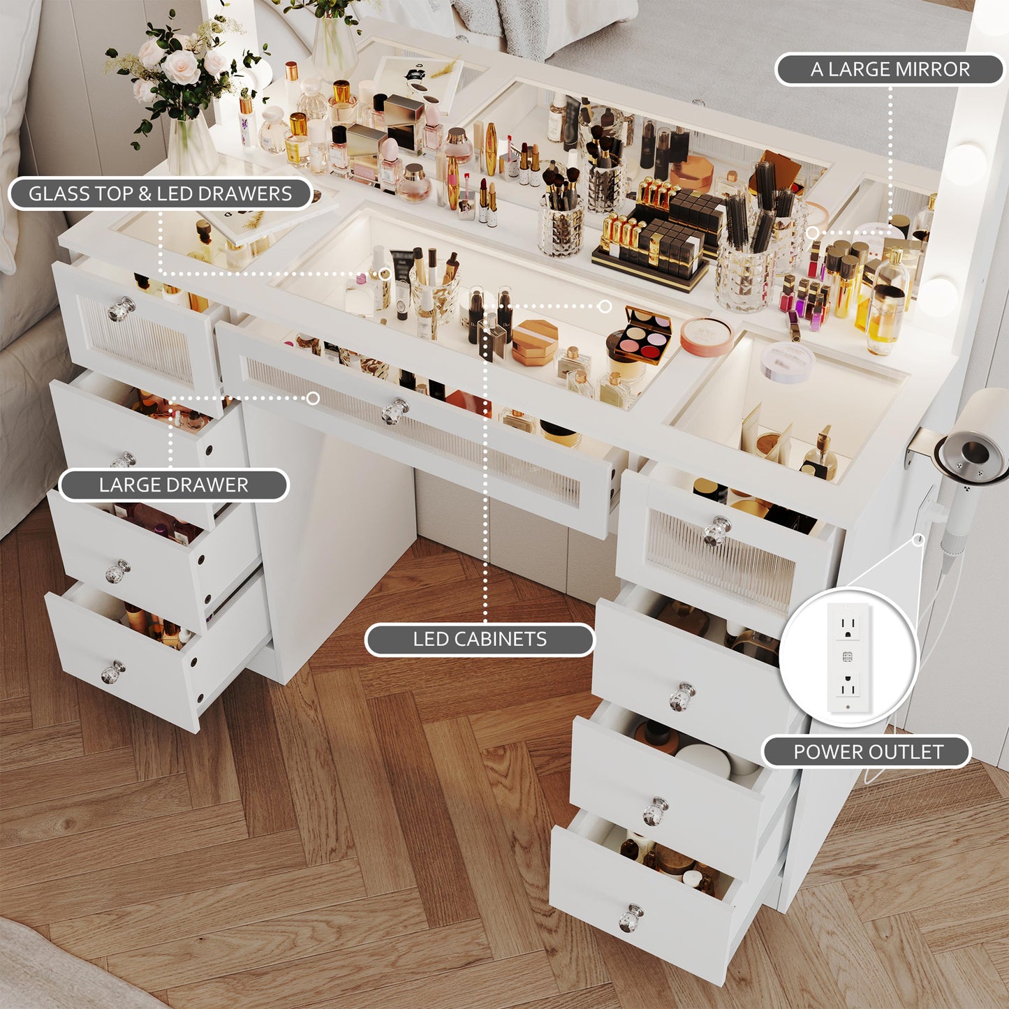 IFSEB Makeup Vanity Desk with LED Lights and Large 36.9’’ Mirror, 9 Drawers Vanity with Glass Top & 3 Color Hollywood Bulbs, Make Up Vanity with Charging Station & Crystal Knobs for Woman, White