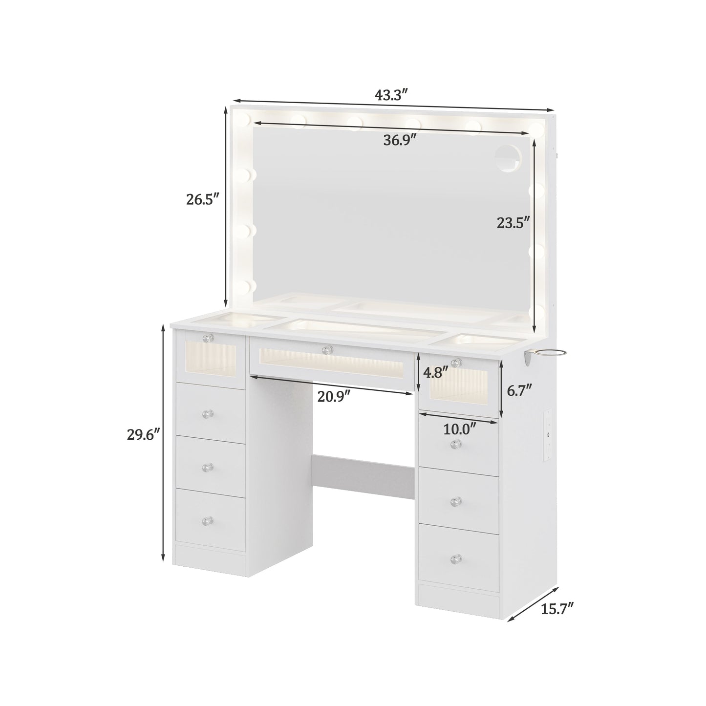 IFSEB Makeup Vanity Desk with LED Lights and Large 36.9’’ Mirror, 9 Drawers Vanity with Glass Top & 3 Color Hollywood Bulbs, Make Up Vanity with Charging Station & Crystal Knobs for Woman, White