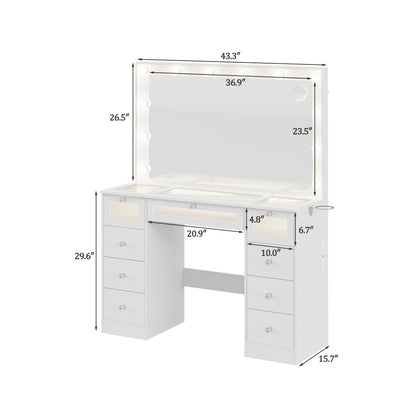 IFSEB Makeup Vanity Desk with LED Lights and Large 36.9’’ Mirror, 9 Drawers Vanity with Glass Top & 3 Color Hollywood Bulbs, Make Up Vanity with Charging Station & Crystal Knobs for Woman, White