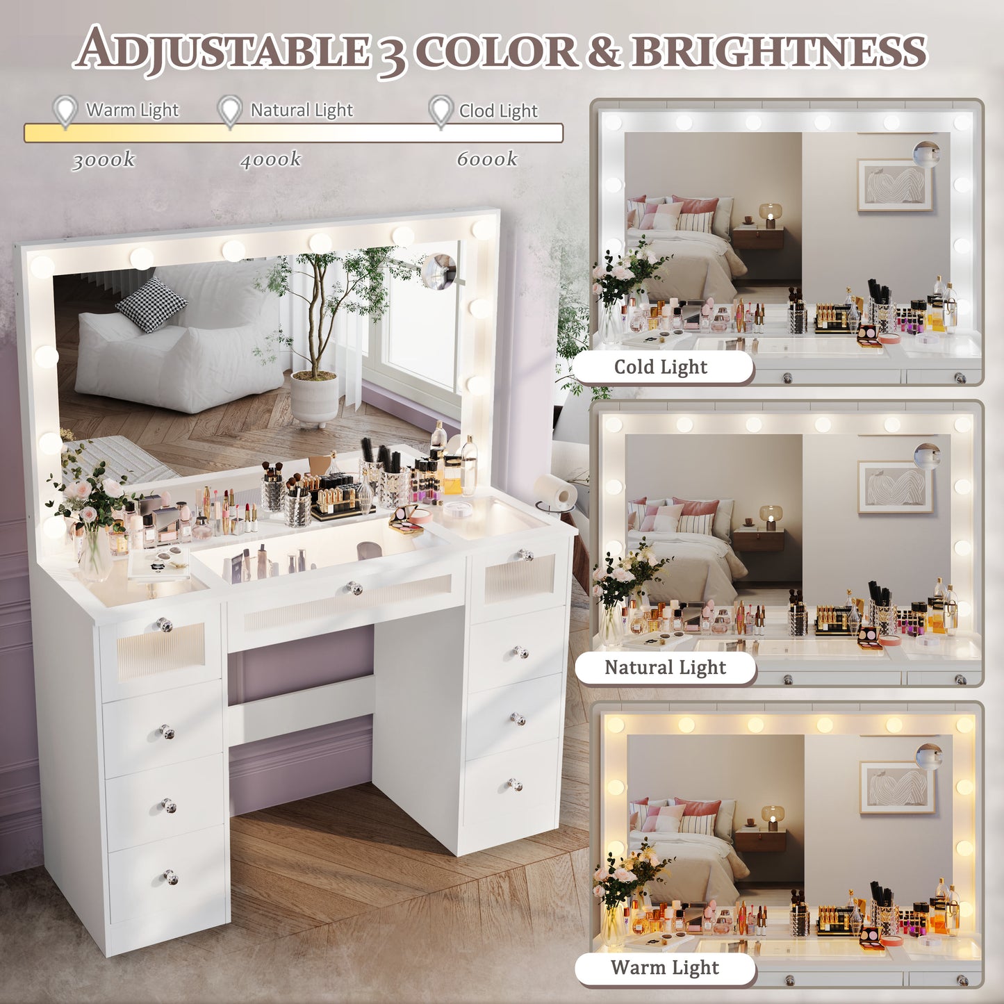 IFSEB Makeup Vanity Desk with LED Lights and Large 36.9’’ Mirror, 9 Drawers Vanity with Glass Top & 3 Color Hollywood Bulbs, Make Up Vanity with Charging Station & Crystal Knobs for Woman, White